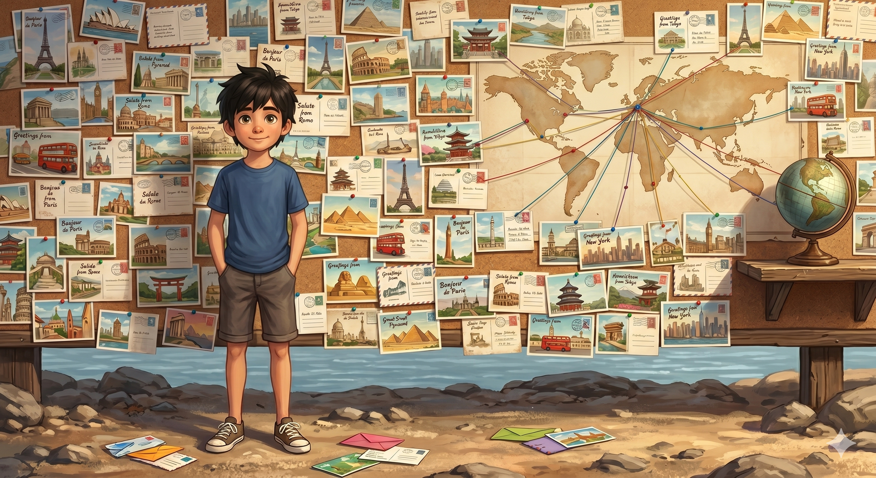 Leon, the host, standing in front of a wall of postcards from all over the world, with a world map, connecting strings, and a globe.